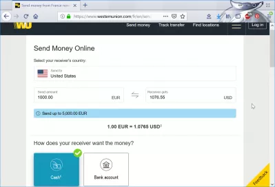 How to transfer money internationally : WesternUnion transfer of 1000€ to 1076.55$