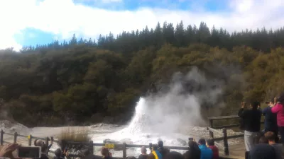 A visit of Wai-O-Tapu thermal wonderland and Lady Knox geyser : Lady Knox geyser eruption starting