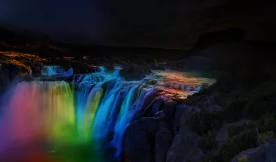 SHOSHONE FALLS AFTER DARK - The Niagara of the West will once again be illuminated after dark : As this rendering demonstrates, Southern Idaho Tourism, Idaho Central Credit Union, and the City of Twin Falls will illuminate Shoshone Falls after dark during May in a manner similar to the lighting at Niagara Falls. Known as “the Niagara of the West,” Shoshone Falls looms 212 ft. above the Snake River and is 36 ft. taller than Niagara Falls. Forbes recently rated Shoshone Falls as the top bucket list destination for Idaho, and last month Condé Nast Traveler named it one of “8 Waterfalls in the U.S. Worth Traveling For.” (Photo by Stan Petersen)