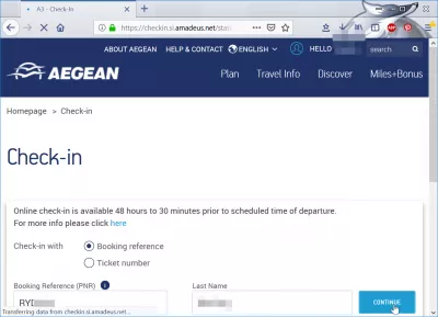 Aegean airlines check in : Booking reference and last name identification