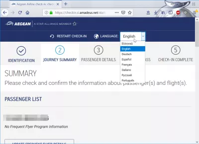 Aegean airlines check in : Language selection