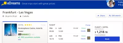 How to Compare Flight and Hotel prices - Find the best deals : Edreams - package 2 persons flight + hotel Frankfurt to Las Vegas 3 nights