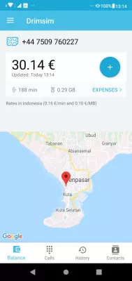 Kartu SIM prabayar internasional Drimsim : Lokasi diperbarui pada aplikasi dengan biaya lokal di Bali, Indonesia