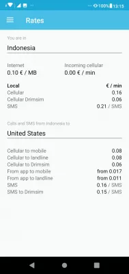 Tarjeta SIM internacional prepaga de Drimsim : Verificación de gastos de Bali, Indonesia a Estados Unidos en la aplicación móvil