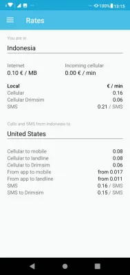 Предплатената международна SIM карта на Drimsim : Проверка на разходите от Бали, Индонезия до САЩ на мобилното приложение