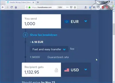 How To Transfer Money Internationally With No Fees - And Get The Best Rates? : WISE transfer of 1000€ to 1132.95$