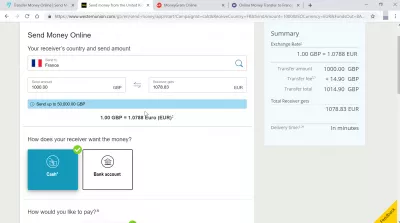 WISE internationale app voor geldoverdracht : International money transfer comparison: 1078.83EUR wordt door de ontvanger met Western Union contant betaald,