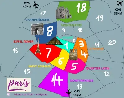 How To Choose The Best Hotel In Paris : Map of the best districts in Paris for hotel stay, with main monuments location and distance to airports