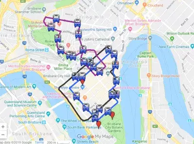 Mitkä ovat turistit ja ilmainen julkinen liikenne Brisbanessa? : Brisbanen ilmainen julkisen liikenteen CityLoop ja SpringHillLoop kartta