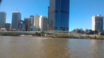 What are the tourist and free public transport in Brisbane? : City view from inside a CityHopper free public ferry