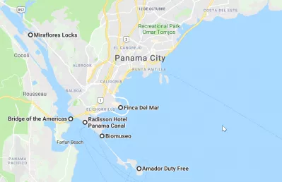 Frank Gehry Biomuseo de Panama and Amador Causeway to Panama bay : Amador Causeway map Panama from Radisson hotel to Casco Viejo through Biomuseo and Panama Bay