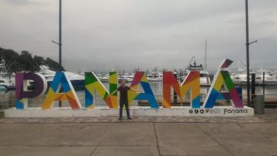 Frank Gehry Biomuseo de Panama and Amador Causeway to Panama bay : Picture in front of Panama sign at the end of Amador Causeway