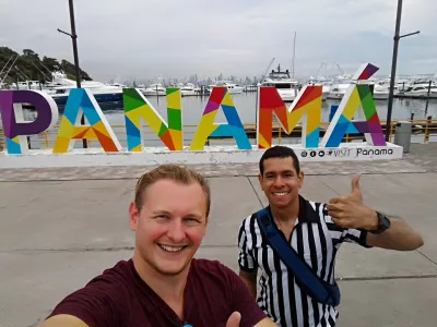 Frank Gehry Biomuseo de Panama and Amador Causeway to Panama bay : Panama sign selfie