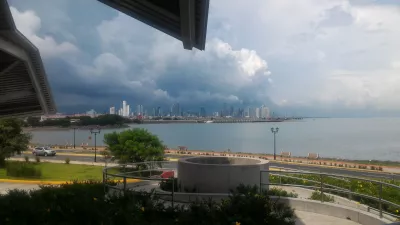 Frank Gehry Biomuseo de Panama and Amador Causeway to Panama bay : View on Panama skyline from biomuseo