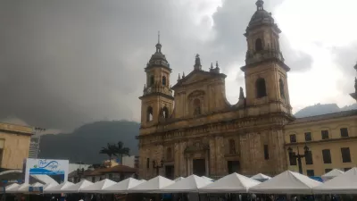 How is the Free walking tour in Bogotá? : Cathedral of Bogotá and Monserrate in the background