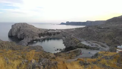 September beach weekend in Rhodes, Greece : Lindos - view on sea and city from the heights