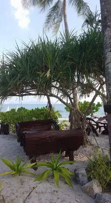 Thailand holidays part five : arrival in Koh Mook resort on Trang islands : Benches and tables on the beach
