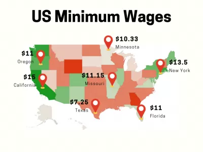 美国每个州的平均工资和最低工资是多少？ : 我们的最低工资 per US State