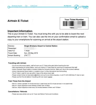 ¿Cómo ir con el Airtrain Brisbane desde el aeropuerto hasta el centro de la ciudad? : E-ticket recibido por email