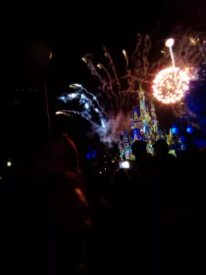 Como é uma visita de um dia no Magic Kingdom da Disney? : Selfie na frente do castelo da Cinderela durante a exibição de fogos de artifício