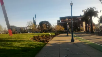 Walking on Embarcadero center in San Francisco : Arriving at the Oracle Park in SFO