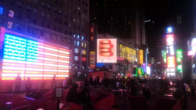 World tour second continent: arrival in USA : Big American flag near Times Square